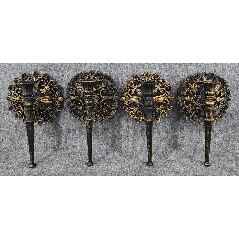 Vtg MCM Gothic Wall Sconces Black Antiqued Gold Holders Set of 4 Baroque Homco